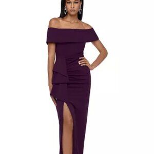 NEW Xscape Solid Side Ruched High Slit Off Shoulder Maxi Long Formal Gown Size 8